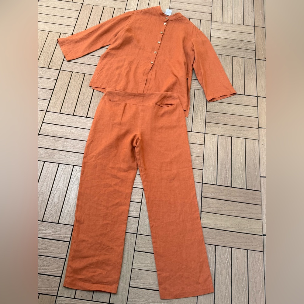 Jaeger Rust Colored Linen Shirt And Pants Set - Picture 7 of 15